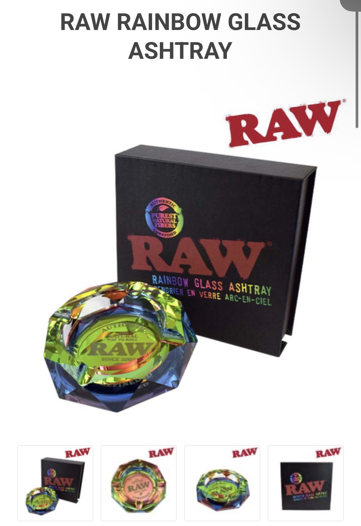 RAW RAINBOW GLASS ASHTRAY ("The RAW Glass Ashtray will be the star of your next smoke sesh! These beautiful prism diamond-facet cut ashtrays can take you on a bright rainbow journey… or to the dark side. May only the finest ash rest in these beautiful pieces of art! NO SCHWAG PLEASE! Available in Rainbow and the Dark Side" )