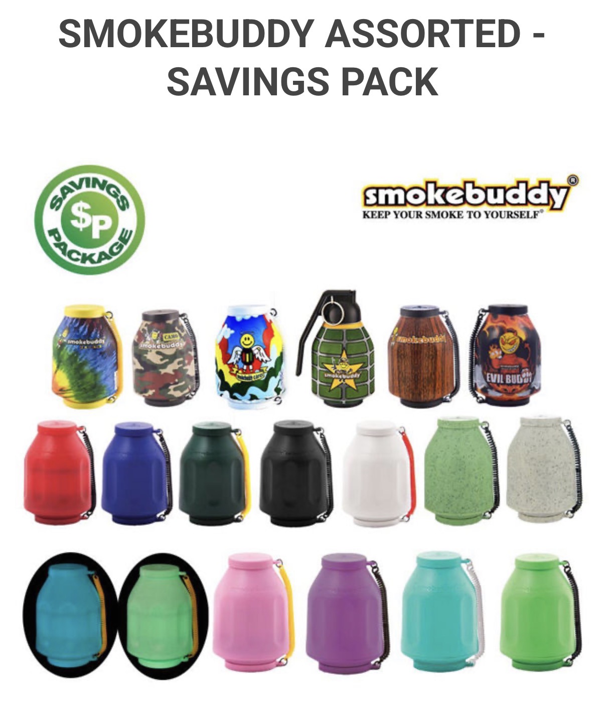 SMOKEBUDDY ASSORTED ("Assortment Package Includes 1 of each colour: Black Blue Camo Cares Eco Green Eco White Evil Glow Blue Glow White Green Grenade Lime Pink Purple Red Teal Tie Dye White Wood" )